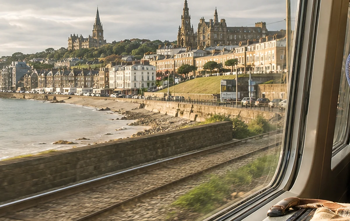 Train window view of a British coastal city for a weekend trip from London
